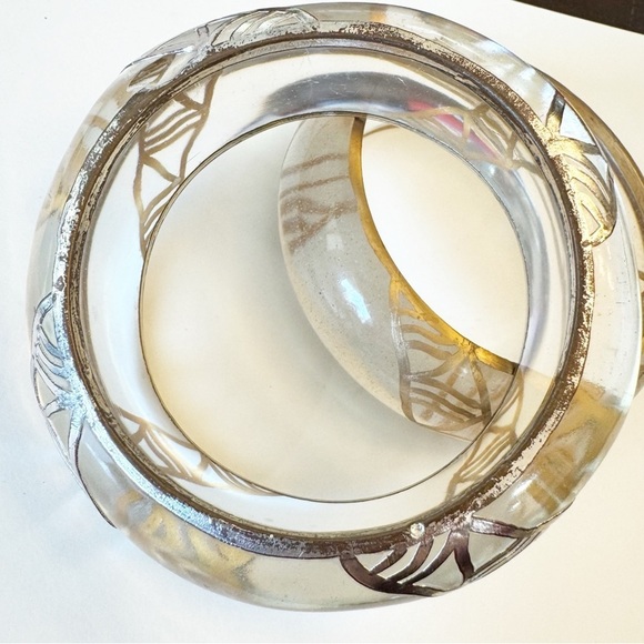 Vintage Silver Gold Embellished Clear Lucite Bangle Bracelet Set - Picture 2 of 12